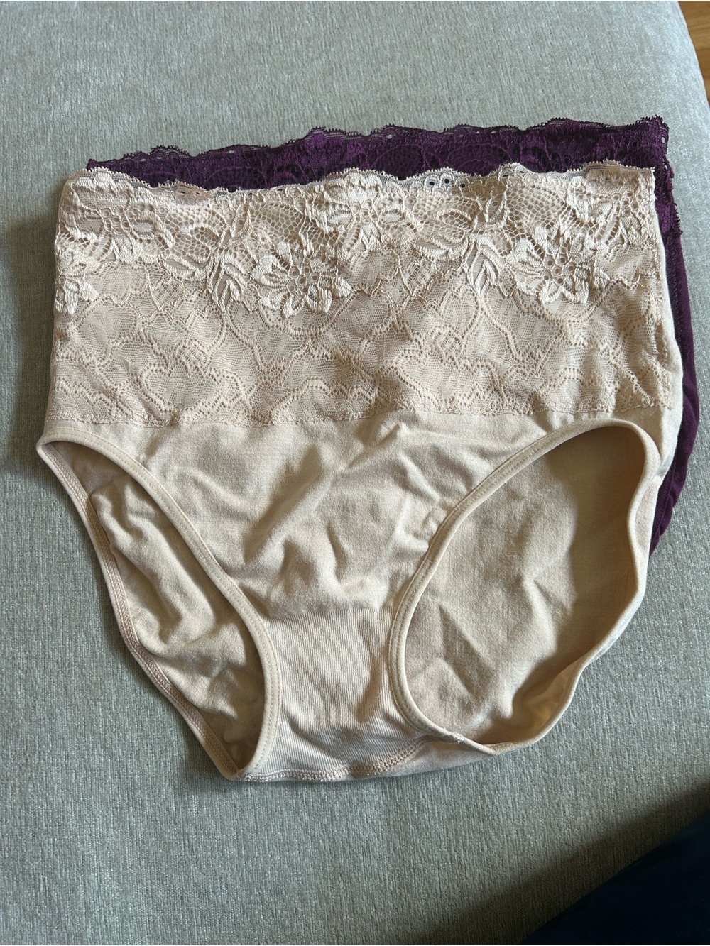 NWOT Rhonda Shear Lace High-Waist Briefs - Beige and Deep Purple